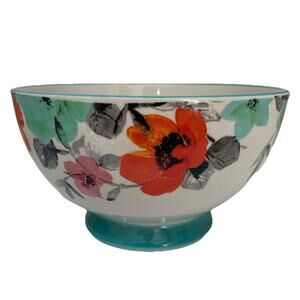 The Pioneer Woman Floral Teal Footed Bowl 6" Stoneware Poppy Floral Design